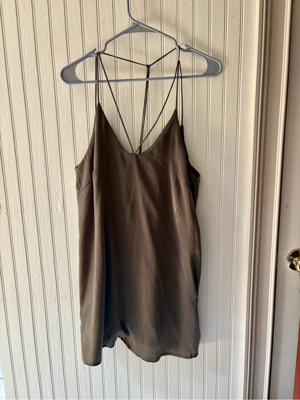 Reverse Olive Green Satin Slip Dress with Strappy Back